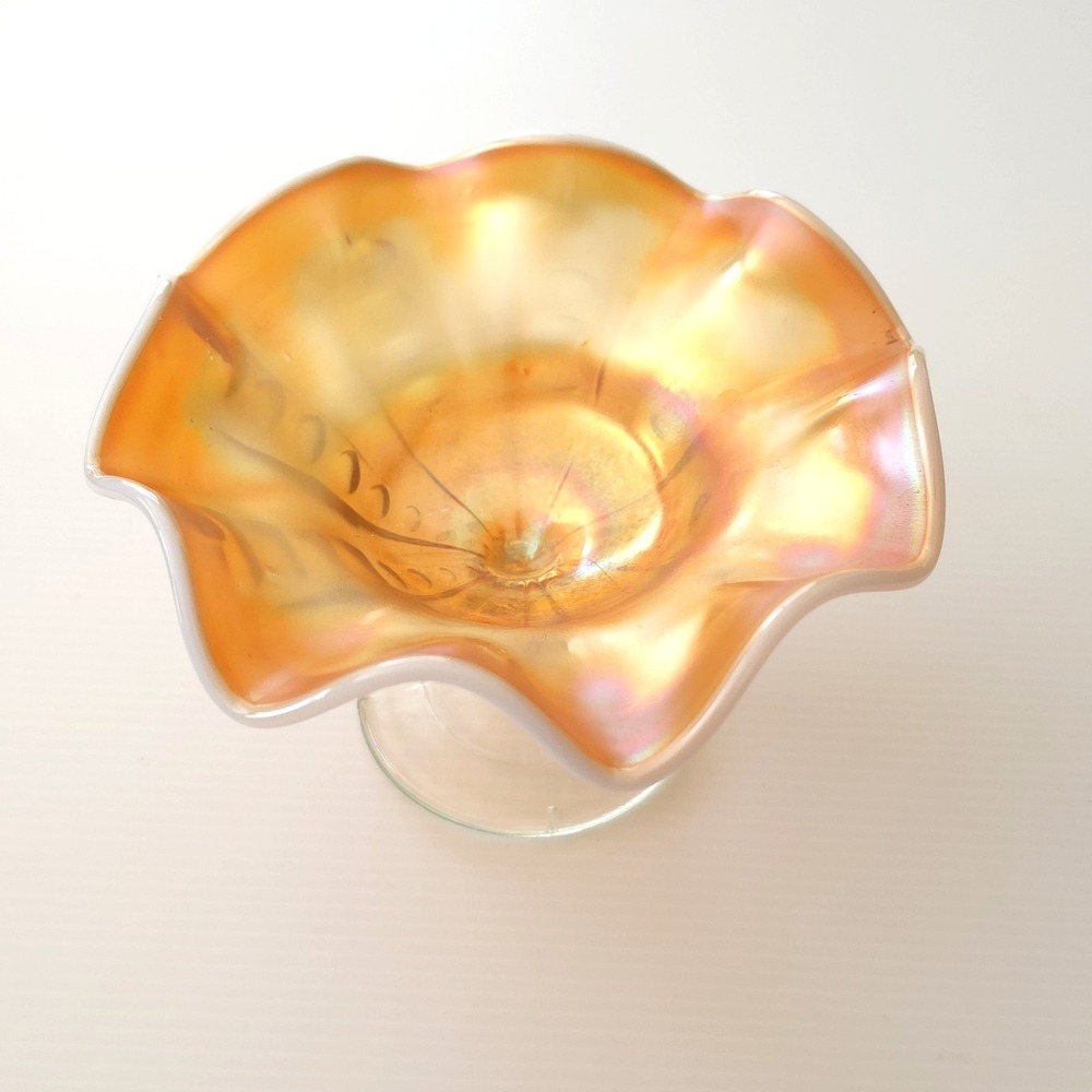Vintage Dugan Glass Peach Opalescent Marigold Coin Spot Thumbprint Compote